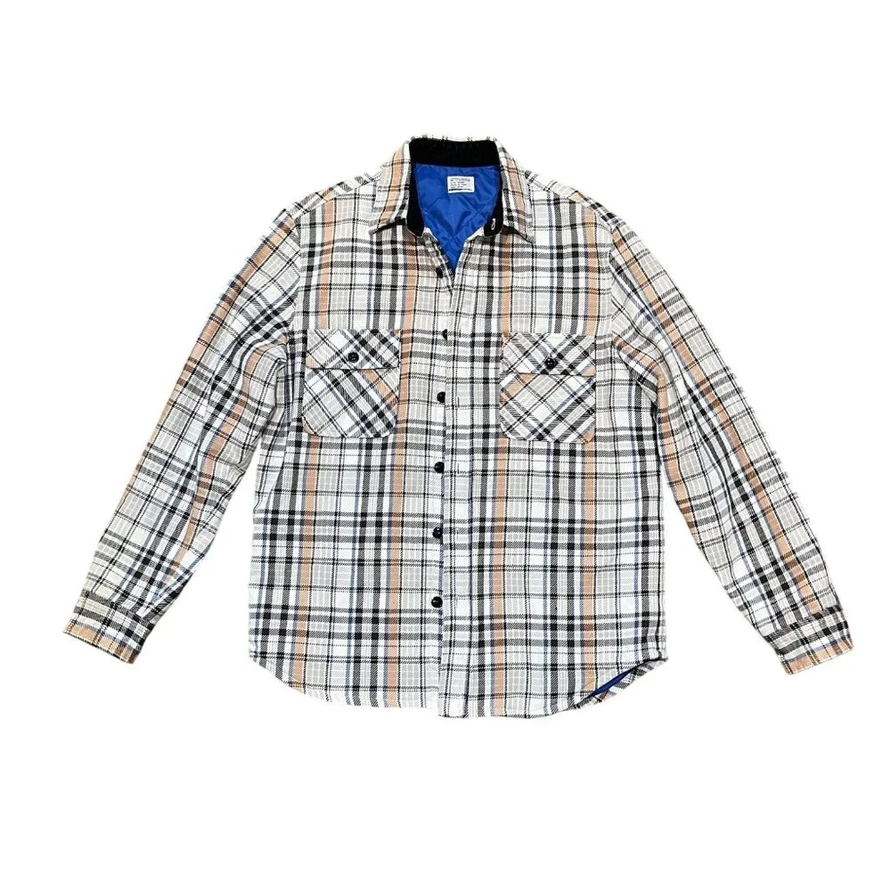 Mens J.Crew Plaid‎ Long-Sleeve Quilted Shirt Jacket Medium Cotton Blue Beige Tan